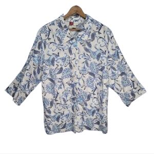 JM Collection 100% Linen Floral Print Blouse Size 16W Flawed